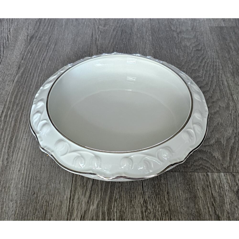 Dresden Flower Frog Bowl White Silver Trim Platinum Embossed Floral Rim